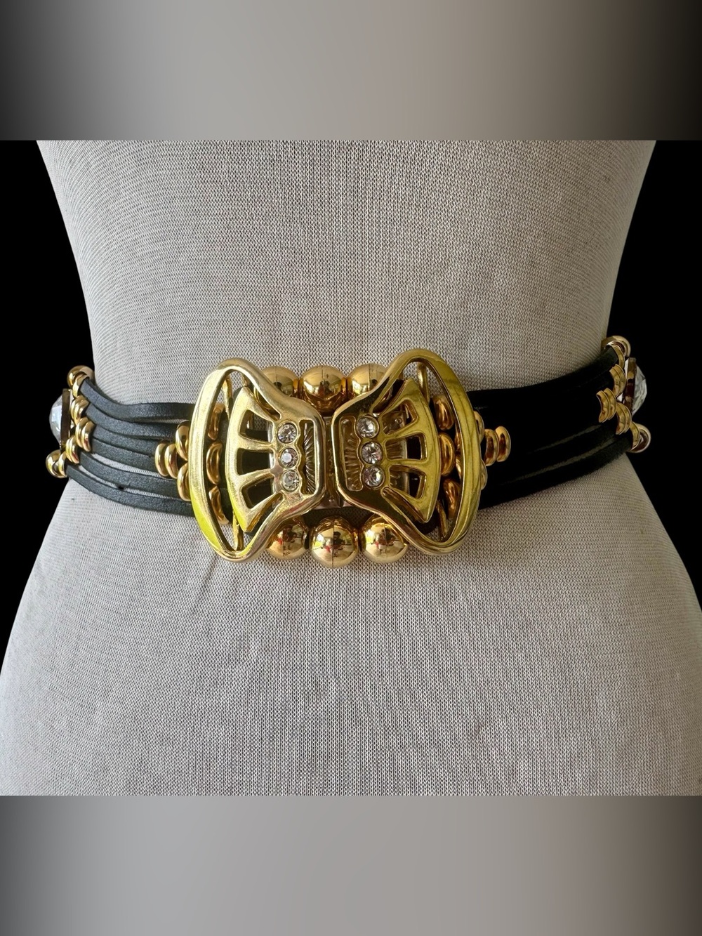 Vtg 80s Gutos Leather & Metal Statement Belt OS W.Germany Beaded Rhinestones